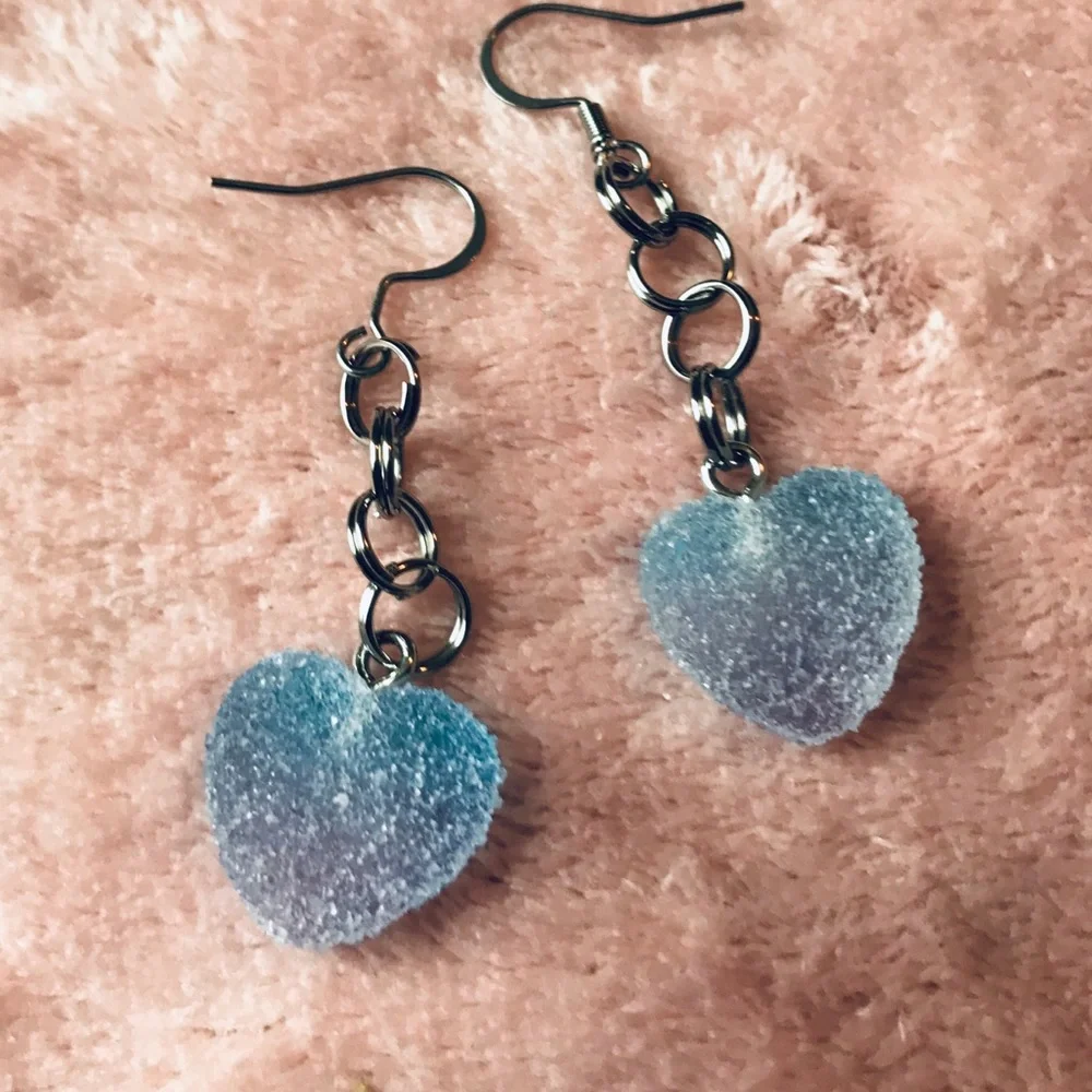 Blue Kawaii Candy Soft Gummy Heart Ombré Handmade Stainless Steel Earrings - Picture 6 of 15